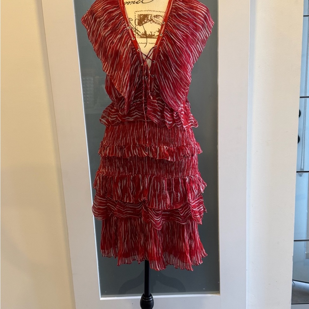 IRO Red and White Ruffled Mini Dress